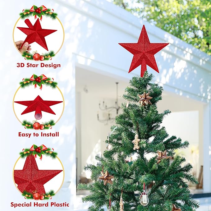 Star Tree Topper, 8" Red Christmas Tee Topper Decorations, Glitter 3D Xmas Bethlehem Star Waterproof Shatter-Proof, Christmas Tree Topper Ornament Decor for Christmas Holiday Party Indoor Outdoor Use