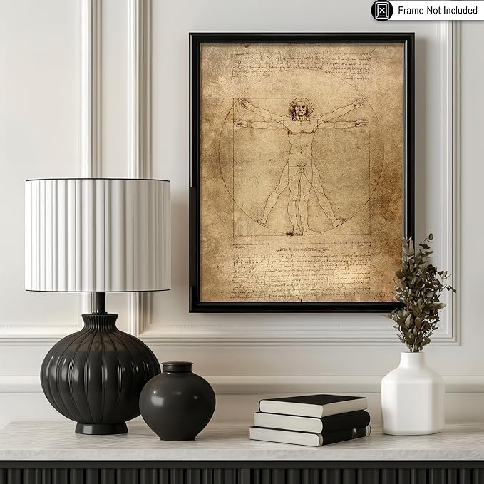 Poster Master Vintage Leonardo Da Vinci Poster - Retro Vitruvian Man Print - Drawing Art - Renaissance Art - Gift for Men & Women - Decor for Living Room, Bedroom or Office - 16x20 UNFRAMED Wall Art