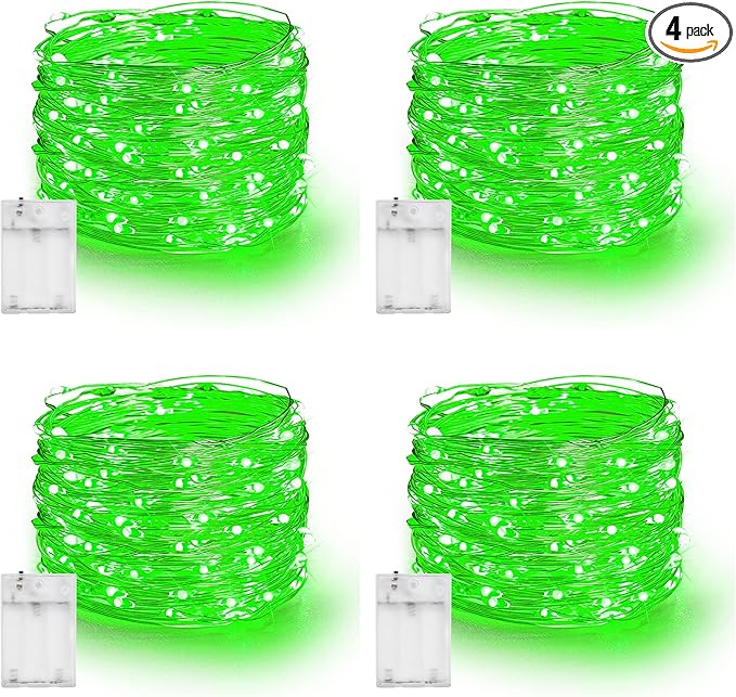Dazzle Bright Fairy Lights Battery Operated, 4 Pack Total 80FT 240LED Silver Wire Waterproof String Lights, St. Patrick's Day Christmas Decorations for Indoor Outdoor Bedroom Yard Decor, Green