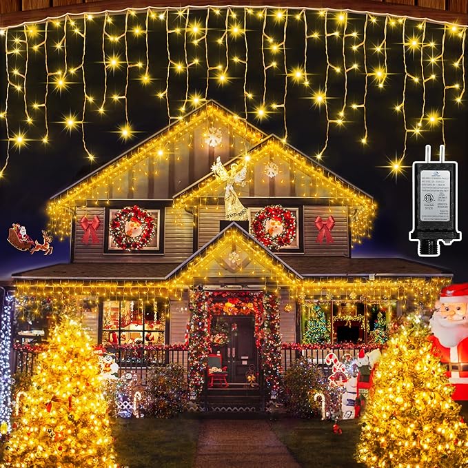 792 LED Christmas Outdoor Lights with 176 Drops, 82ft Hanging Curtain Lights 8 Modes, Christmas Fairy Lighs with Timer & Memory for House Roof Holiday Wedding Christmas Decor (Warm White)