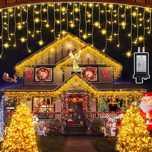 612 LED 60FT Christmas Lights with 136 Drops, 12 Modes Dimmable Warm White Outdoor Hanging Lights with Timer Memory, Waterproof Curtain Lights for Home Bedroom Indoor Tree Window Roof Fence Wedding