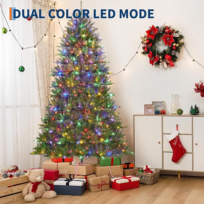 9FT Pre-Lit Artificial Christmas Tree with Color Lights,Green PE & PVC Artificial Xmas Tree,Easy Assembly, Full Branch Tips& Foldable Stand for Home, Office, Party Decoration for Xmas Holiday