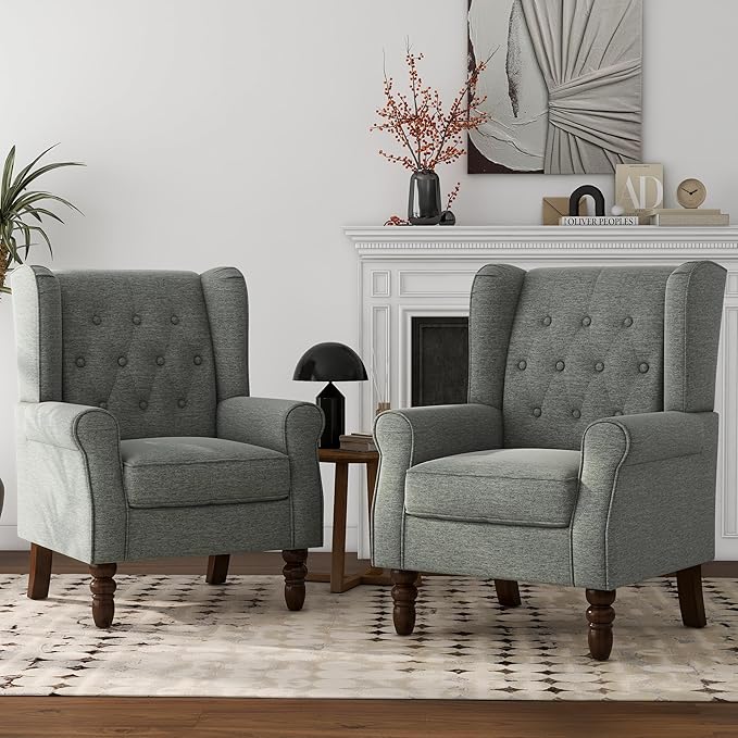 Lumibee High Back Accent Chair Set of 2,Upholstered Wingback Armchair with Solid Wood Legs for Small Spaces,Comfy Single Sofa Chair for Living Room,Bedroom,Office-Gray