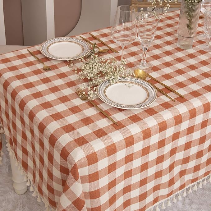 Rustic Plaid Square Tablecloth-Country Buffalo Check Cotton Table Cloth for Spring Fall Thanksgiving Farmhouse Kitchen Dining Restaurant Decoration(55x55, Orange)