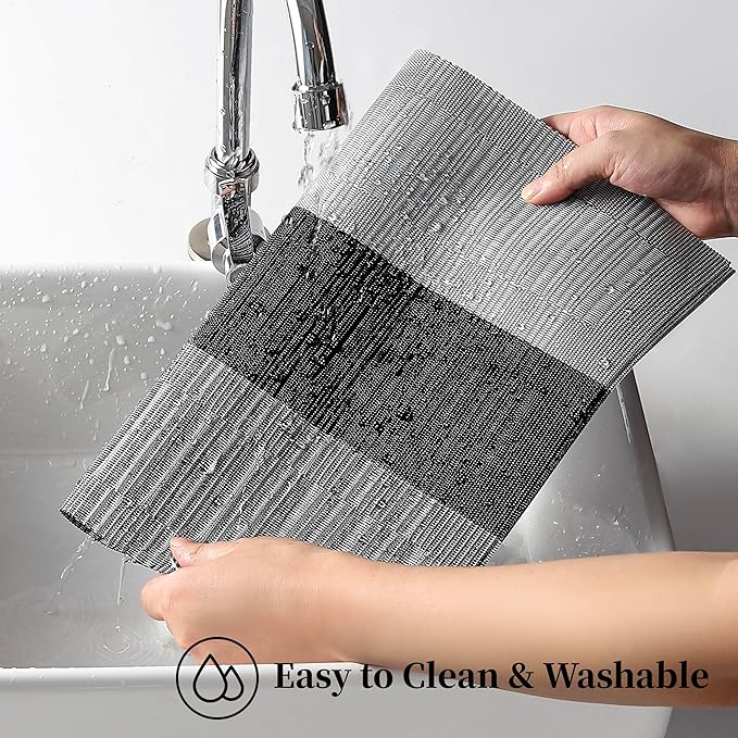 Leetaltree Grey with White Striped Placemats Set of 8 - Heat Resistant Non-Slip Place mats for Dining Table, Washable Durable PVC Vinyl Woven Table Mats（Grey Stripe, 8）
