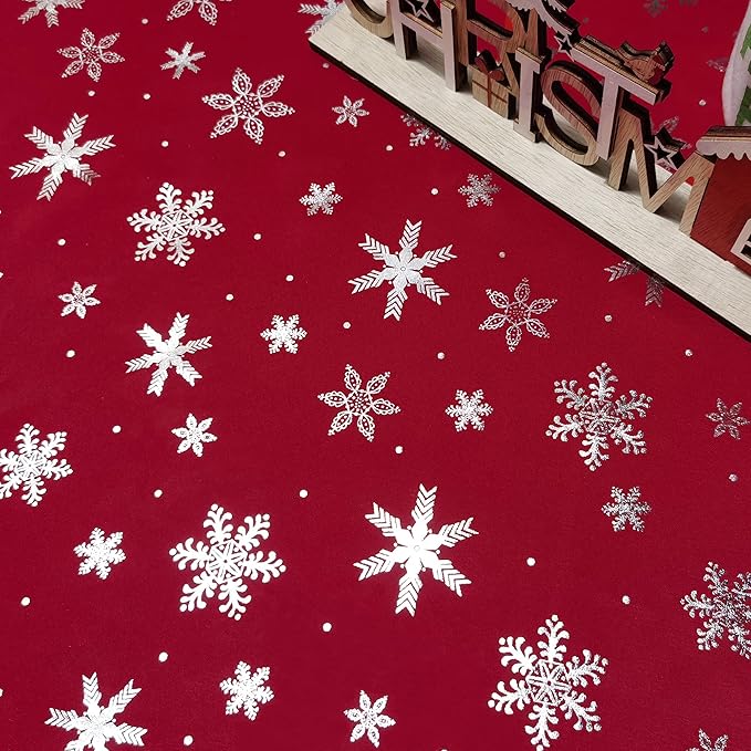 LUSHVIDA Christmas Tablecloth Rectangle - 60x84 inch Snowflakes Foil Print Pattern Washable Wrinkle Resistant Holiday Tablecloths for Christmas Family Gathering, Dining Room Table 130GSM