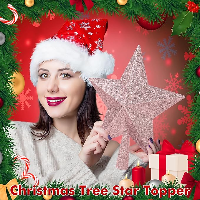 Christmas Tree Top Ornament, 10" Rose Gold Christmas Star Tree Topper, Large Xmas Glitter 3D Bethlehem Tree Topper Ornament, Waterproof Holiday Christmas Tree Topper Star for Home Indoor Outdoor