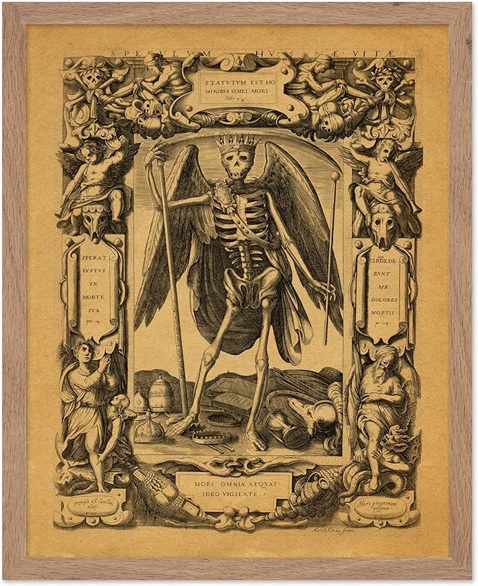 Poster Master Vintage Medieval Poster - Retro Gothic Print - Gift for Artist, Friend - Angel of Death, Memento Mori, Life, Skeleton, Dark - Wall Decor for Home, Living Room, 8x10 Beige Framed
