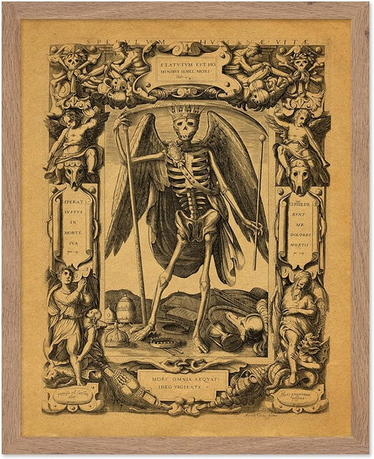 Poster Master Vintage Medieval Poster - Retro Gothic Print - Gift for Artist, Friend - Angel of Death, Memento Mori, Life, Skeleton, Dark - Wall Decor for Home, Living Room, 8x10 Beige Framed