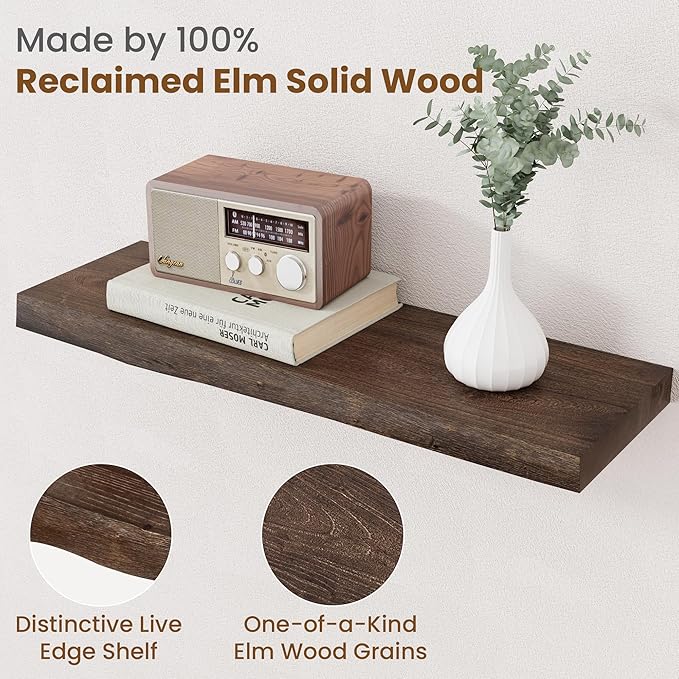 Floating Shelves for Wall Decor, Rustic Solid Elm Wood Floating Shelves Wall Mounted, Wall Shelves with Invisible Bracket for Living Room Bathroom Bedroom Kitchen, 24 Inch Set of 2, Walnut