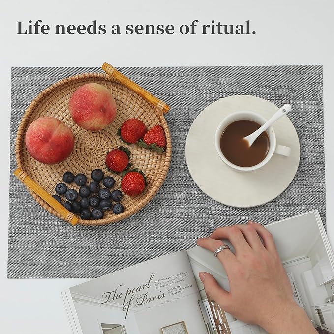 Leetaltree Grey Placemats, Heat Resistant Non-Slip Place mats for Dining Table, Washable Durable PVC Vinyl Woven Table Mats (Set of 8)