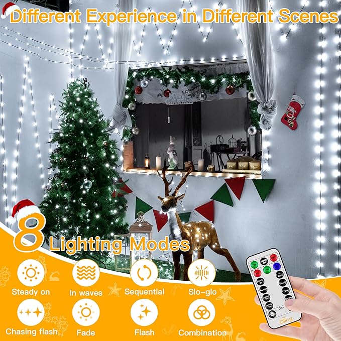Ollny Christmas Lights 800 LED 262 FT Plug in, IP67 Waterproof Green Wire Outdoor Christmas Lights with Remote, 8 Modes and Timer Christmas Tree Light for House Indoor Xmas Decorations (Cool White)