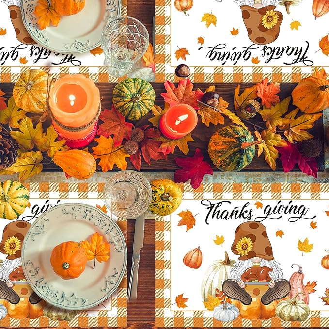 Paper Placemats Disposable 50 Pack Autumn Gnome Pumpkin Placemats 16x 11 Inch Thanksgiving Day Farmhouse Orange Buffalo Plaids Table Mats for Home Party Kitchen Dining Table Decoration