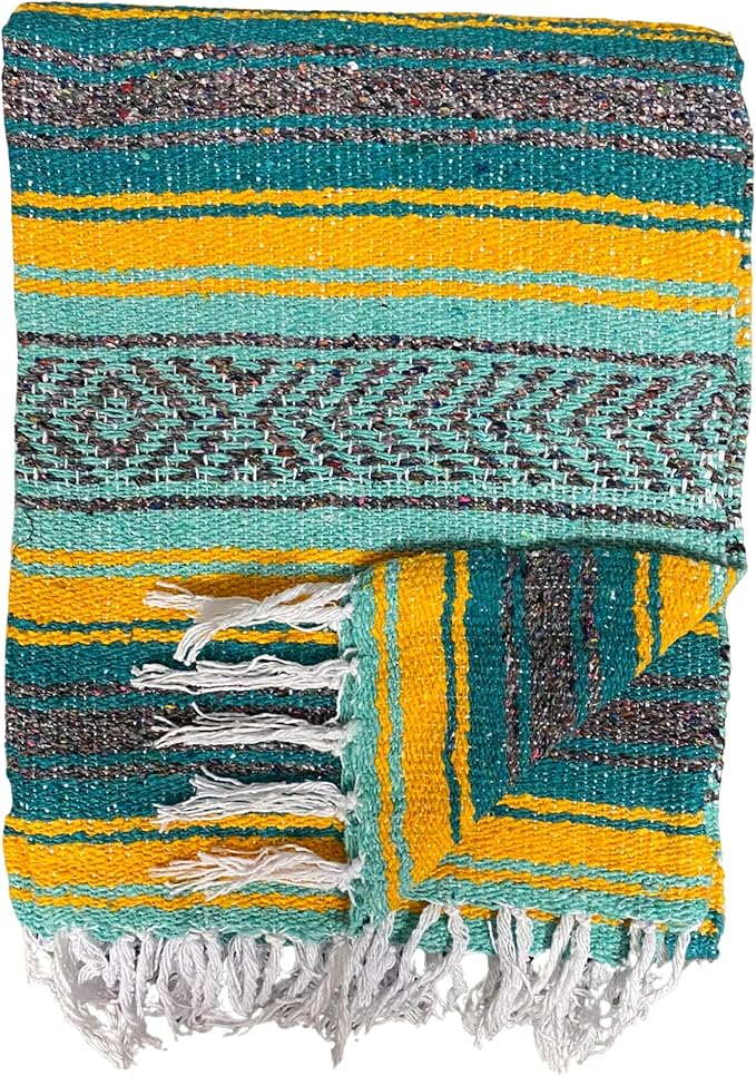 Del Mex Classic Mexican Blanket, Large Authentic Woven Falsa Throw (70"x50"), Artisan Southwest Décor for Beach, Yoga, Outdoors (Teal/Yellow)