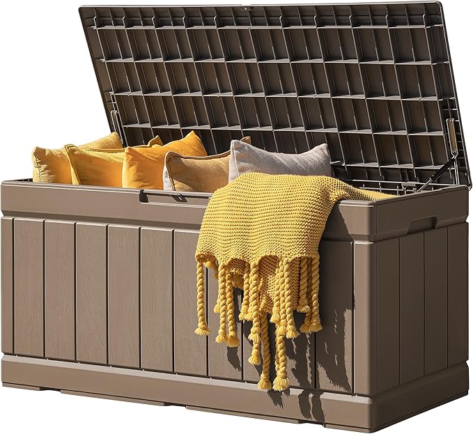 JUMMICO 83 Gallon Outdoor Deck Box Large Resin Storage Box for Patio Furniture Cushions and Garden Tools (Khaki)