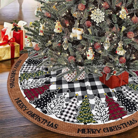 Christmas Tree Skirt 36 Inch, Black and White Buffalo Plaid Xmas Tree Skirts, Winter Christmas Trees Mat for Home Party Holiday Indoor Outdoor Decorations