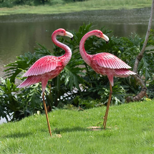 Kircust Flamingo Garden Sculpture & Statues, Metal Birds Yard Art Outdoor Statue, Large Pink Flamingo Lawn Ornaments for Home, Patio, Backyard Decor (2-Pack)