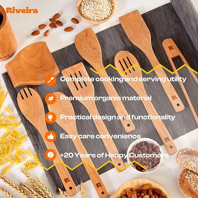 Riveira Cherry Wooden Spoons for Cooking Set of 9 – Natural Cherry Wooden Cooking Utensils, Wooden Spatula, Wooden Spoon - Premium Quality Wooden Utensil Set for Non-Toxic Cooking