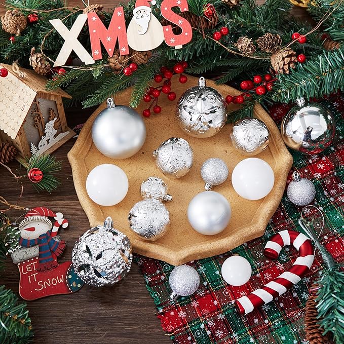 87-Pack Shatterproof Christmas Ball Ornaments Set, Christmas Tree Decorations with Hand-held Gift Package for Xmas Tree Holiday Wedding Party, Silver