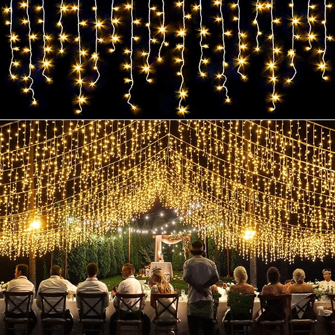 Icicle lights Outdoor - 33ft Christmas Lights with 400LED 75 Drops 8 Modes, Plug in Curtain String Lights Waterproof for Holiday Wedding Party Home Garden Bedroom Indoor Decoration, Warm White