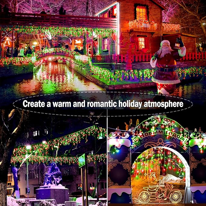 KNONEW Christmas Lights Outdoor Decorations 400 LED 33ft 8 Modes Curtain Fairy String Light with 75 Drops, Clear Wire LED String Light Indoor Decor for Wedding Party Christmas (Red and Green)