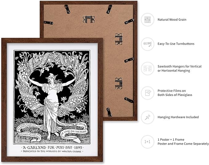 Poster Master Vintage Walter Crane Poster - Retro A Garland for May Day Print - Socialist Art - Gift for Him, Her, Men, Women - Wall Decor for Home, Office, Living Room, 16x20 Brown Framed