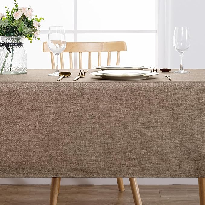 Hiasan 2 Pack Faux Linen Rectangle Tablecloth - Wrinkle and Stain Resistant Washable Table Cloth for Kitchen Dining Room Holiday Table Cover for Dinner, Khaki, 60 x 140 Inch