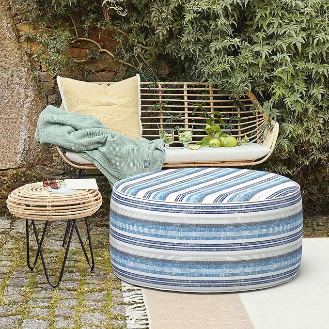 LVTXIII Outdoor Inflatable Ottoman, Fade-Resistant Round Footrest Stool D31”x H14”, Portable Patio Pouf for Garden Camping or Home Use, Stripe Layered Blue