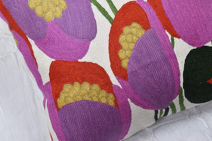 Lily Pink Flower Pillow Cover | Suzani Accent Pillow | Outdoor Floral Pillows | Hand Embroidered Wool Cushion - 18x18