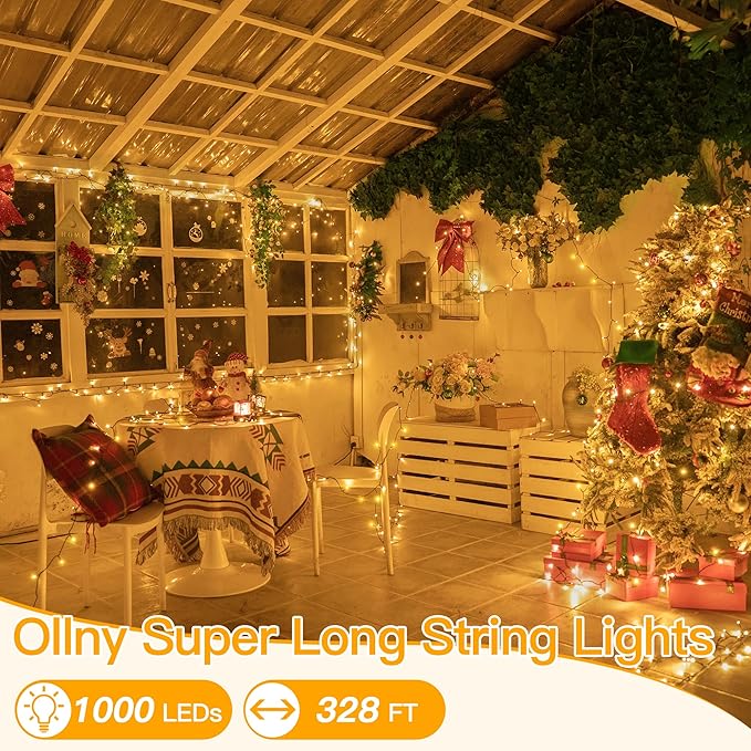 Ollny Christmas Lights, 1000LED 328FT Long Christmas Tree Lights with 8 Modes Remote Timer IP44 Waterproof, Outdoor Christmas Lights for Tree House Yard Outside Xmas Decorations Warm White