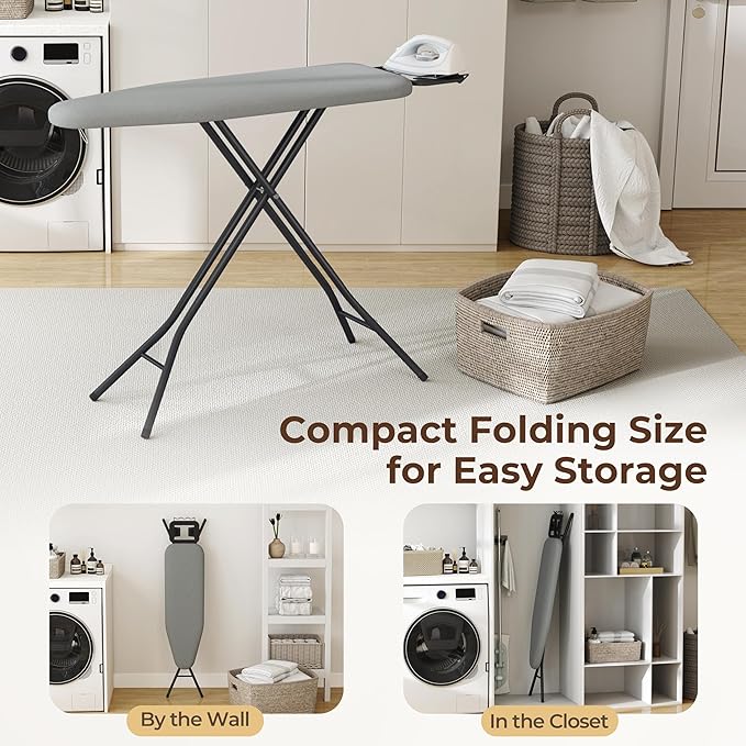 Yaheetech Foldable Ironing Board, Heavy Duty Iron Board with 9 Adjustable Heights, 4 Layer Cover and Safety Iron Rest, 52X14 Compact and Space Save Iron Board for Home Laundry Room Use, Gray