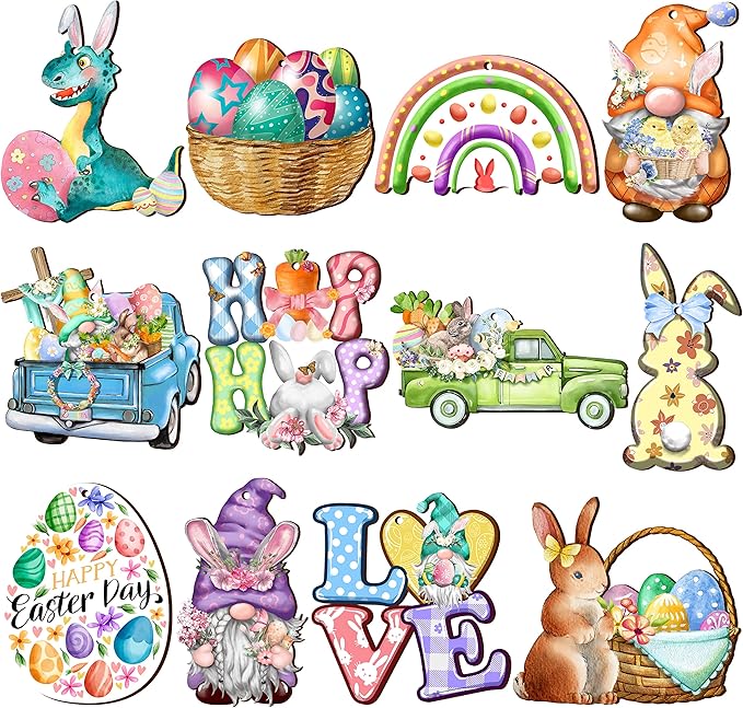 24 Wooden Hanging Ornaments, Hanging Decor for Tree, Happy Easter Egg Gnome Bunny Wooden Craft Spring Party Supplies Home Decor