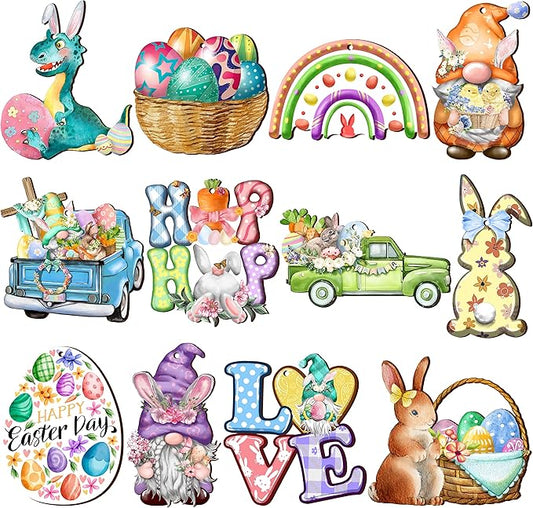 24 Wooden Hanging Ornaments, Hanging Decor for Tree, Happy Easter Egg Gnome Bunny Wooden Craft Spring Party Supplies Home Decor