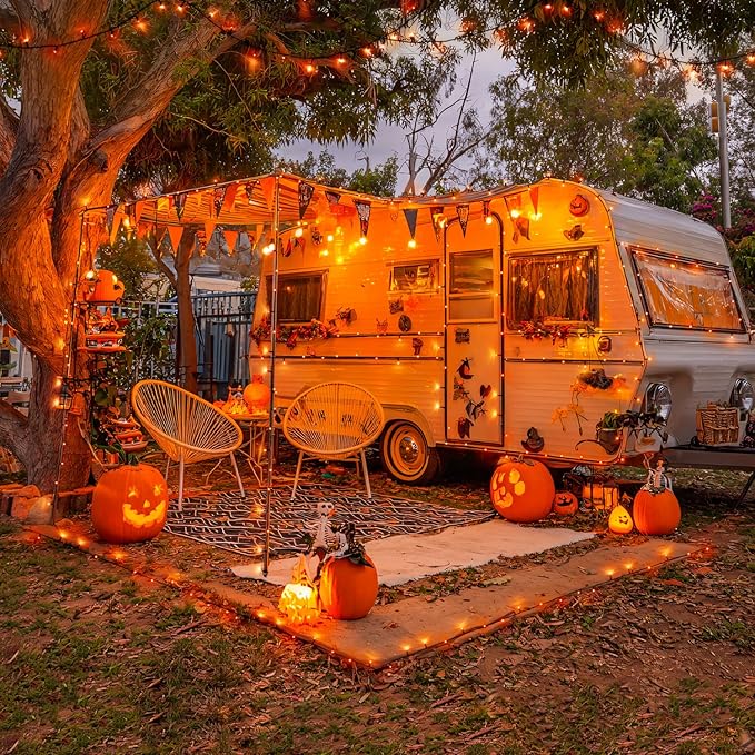 JMEXSUSS 2 Pack Orange Halloween Lights: 100 LED 33ft Solar Halloween Lights Outdoor Waterproof - 8 Modes Orange Solar Light for Christmas Outside Tree Gardens Fall Festival