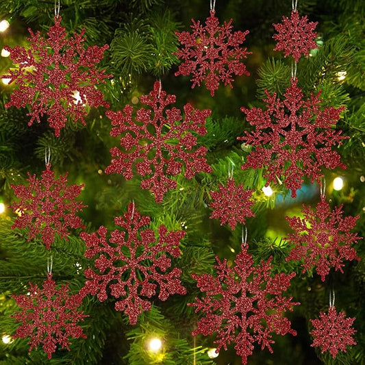 36pcs Red Christmas Snowflake Ornaments, Plastic Glitter Hanging Snow Flakes for Christmas Tree Decorations Winter Wonderland Frozen Birthday Party Holiday Home Decor Craft Snowflakes