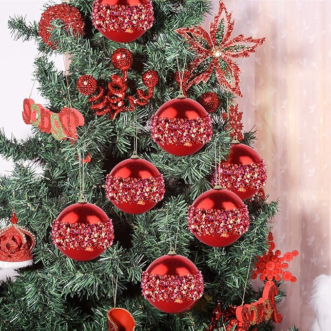 4" Christmas Ball Ornaments, 4pc Set Red Shatterproof Christmas Decorations Tree Balls for Xmas Trees Wedding Party Holiday Decorations