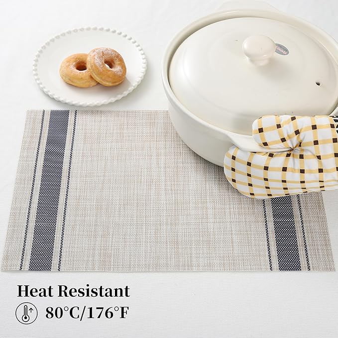 Leetaltree Khaki-Blue Placemats, Heat Resistant Non-Slip Place mats for Dining Table, Washable Durable PVC Vinyl Woven Table Mats (Set of 6)