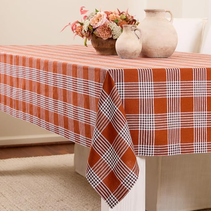 Solino Home Linen Tablecloth 60 x 120 Inch - 100% Pure Linen Glen Check Nutmeg Table Cloth for Rectangle Tables - Machine Washable Tablecloth for Fall, Autumn, Halloween, Thanksgiving