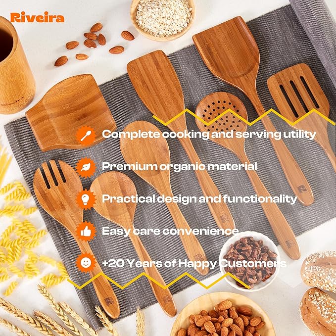 Riveira Natural Bamboo Wooden Cooking Utensils Set of 9 Premium Quality Non-Toxic Wooden Spoons and Spatulas for Cooking