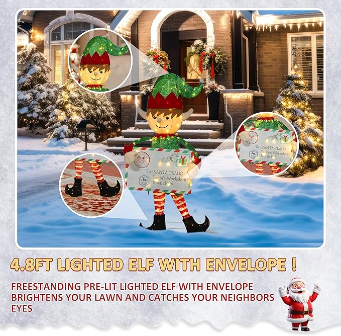 4.8FT Lighted Elf with Envelope Outdoor Christmas Decoration, 3D Pre-Lit Elf Decor with 100 LED Lights for Christmas, Freestanding Glittered Holiday Display for Outdoor, Indoor