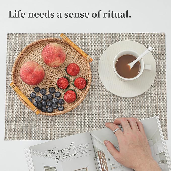 Leetaltree Linen Yellow Placemats Set of 6 - Heat Resistant Non-Slip Place mats for Dining Table, Washable Durable PVC Vinyl Woven Table Mats（Linen Yellow, 6）