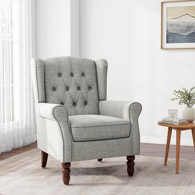Accent Chair, Upholstered Armchair with Button Tufted High Back & Solid Wood Legs, Comfy Wingback Reading Single Sofa Chair for Small Spaces, Living Room, Bedroom (Light Grey, Set of 1)