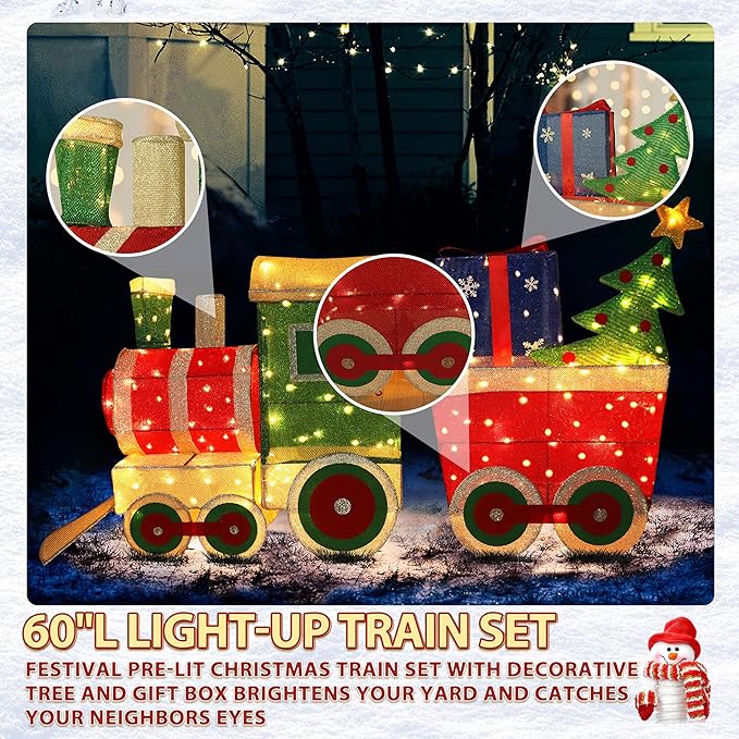 5FT Light-Up Christmas Train Decor with 170 LED Lights, 3D Pre-Lit Train Set with Gift Box and Christmas Tree for Xmas Decoration, Freestanding Glittered Holiday Display for Outdoor, Indoor