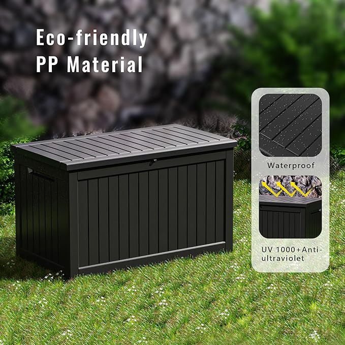 DRATO 230 Gallon Deck Box, Outdoor Large Waterproof Resin Storage Box with Lockable Lid for Patio Cushions, Gardening Tools, Sports Equipment, Black
