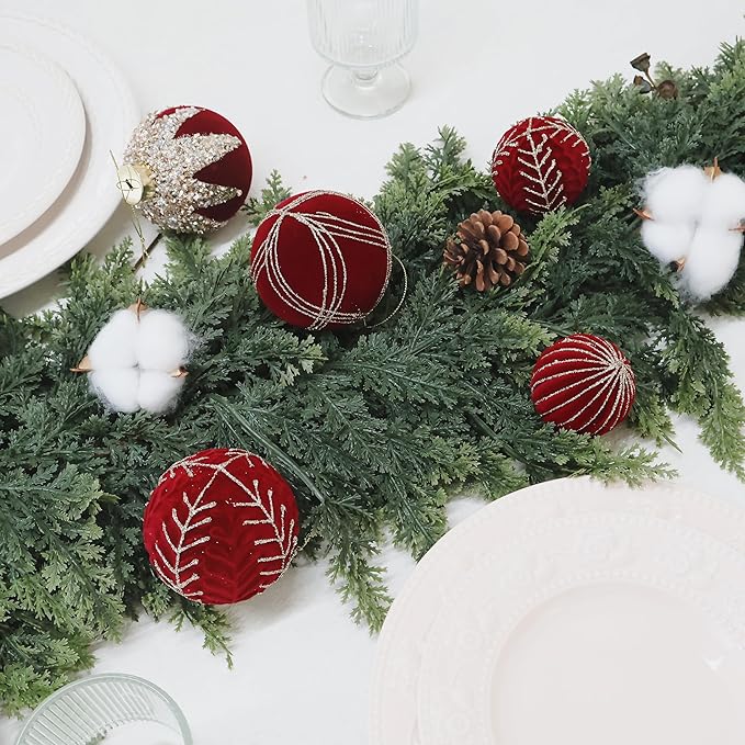 4inch Velvet Ornaments for Christmas Tree, 9PCS Glitter Flocked Christmas Ornaments Decorations Balls Set Decor Red