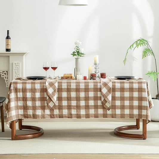EVERLY 100% Yarn-Dyed Linen Rectangle Tablecloths 60x84Inches for Dining,Buffet Parties,Picnic,Events and Restaurants,Decorative Halloween,Thanksgiving Machine Washable Tablecloths-Brown Plaid