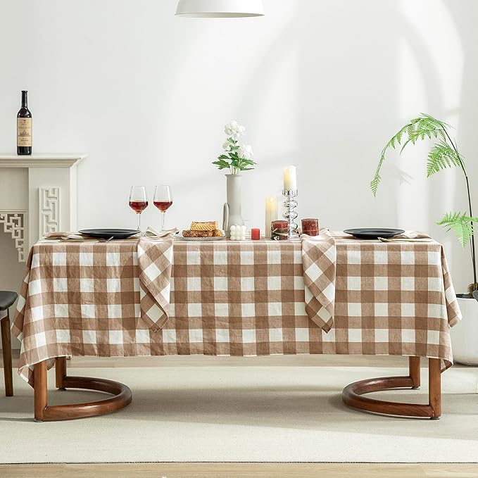 EVERLY 100% Yarn-Dyed Linen Rectangle Tablecloths 60x132Inches for Dining,Buffet Parties,Picnic,Events and Restaurants,Decorative Halloween,Thanksgiving Machine Washable Tablecloths-Brown Plaid