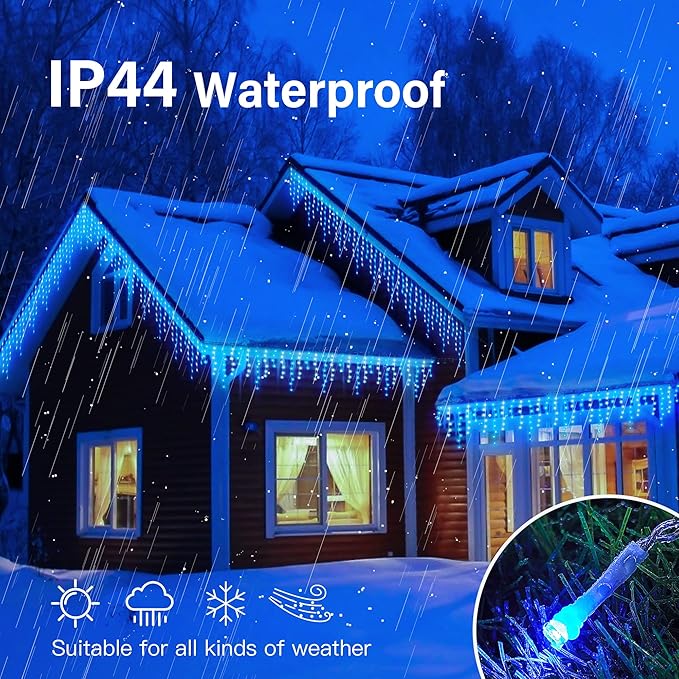 Hopolon 33FT 360L LED Christmas Icicle Lights Outdoor Waterproof,8 Modes Plug in Curtain String LIghts With 60 Drops,Christmas Lights for Wedding,Party,Bedroom,Home,Garden,Wall Decorations(Blue White)