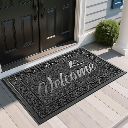 Yimobra Welcome Mat, Heavy Duty Sturdy Door Mats for Home Entrance Outdoor Indoor, Front Doormat for Outside Patio Floor Entry Porch Garage Office, Waterproof, Low Profile, 47X32 Inches, Black