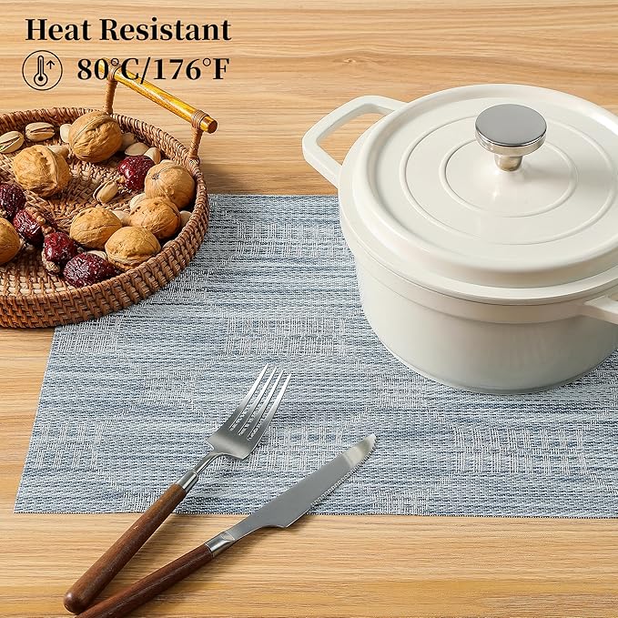 Leetaltree Alice Blue Placemats Set of 6 - Heat Resistant Non-Slip Place mats for Dining Table, Washable Durable PVC Vinyl Woven Table Mats（Jacquard Blue, 6）